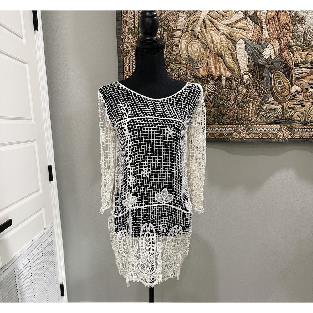 Solitaire Swim Cover Up Womens Small White Crochet Lace Sheer Tunic 3/4 Sleeve